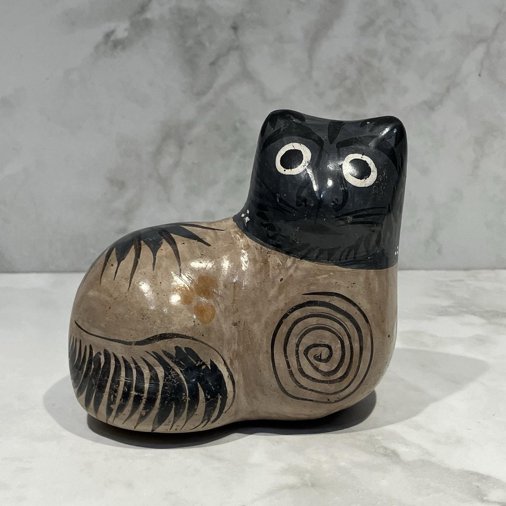 Vintage Mexican Tonala Cat Figurine Folk Art Pottery Hand Painted 1978